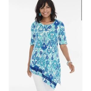 Chicos Artful Ikat Asymmetrical Top Size 2 NWT